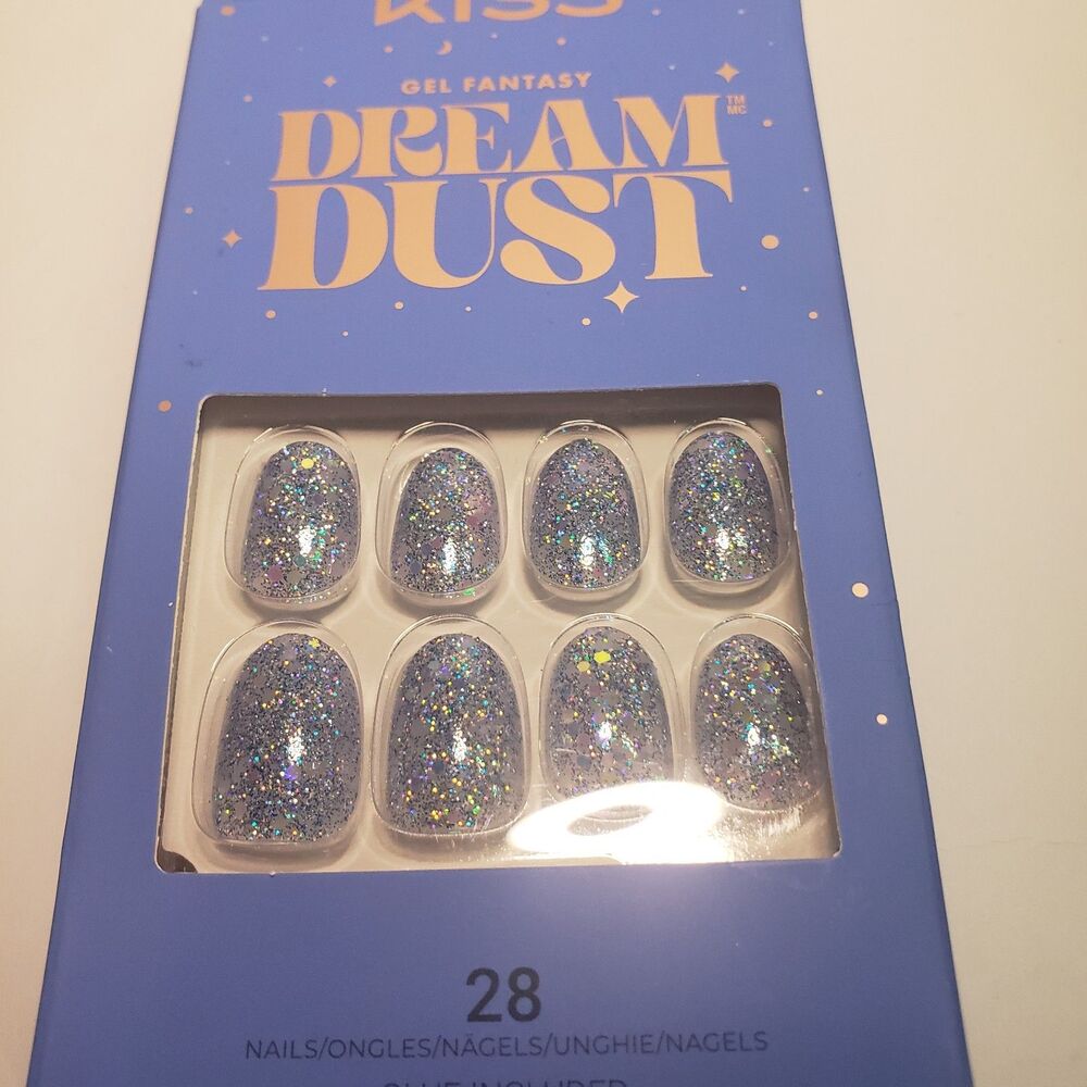 NIB KISS Gel Fantasy Dreamdust Press On Nails 28 Count Blue Glitter Short